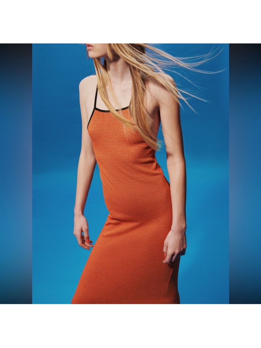 Zara Sleeveless Orange Jacquard Knit Slip Dress